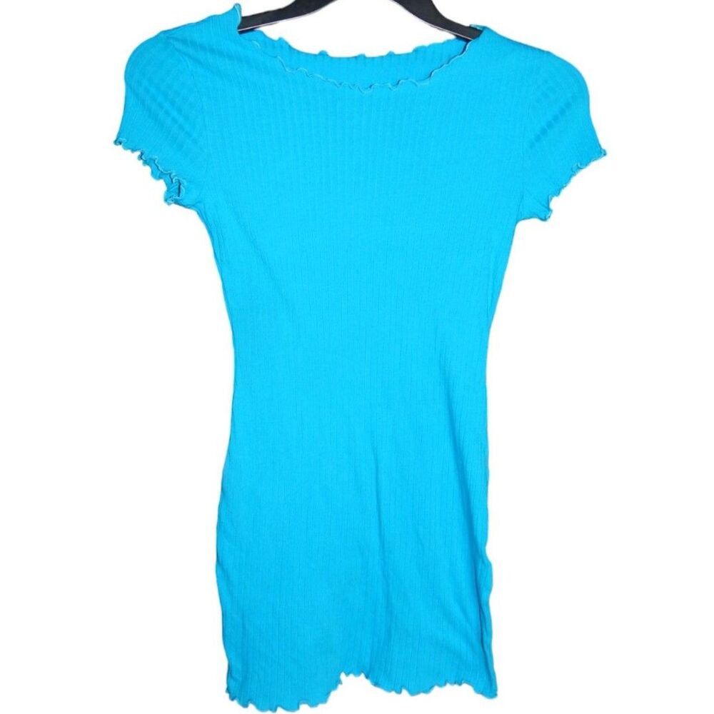 Shein women's junior's small US-04 EU-36 blue ribbed lettuce trim bodycon dress